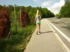 Blonde joggergirl gives head and gets doggystyled in nature