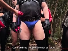 Slaves subjected to gangbang strapon domination outdoors