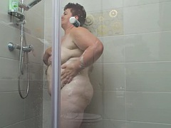 Hairy bbw granny waiting for her toyboy in the shower